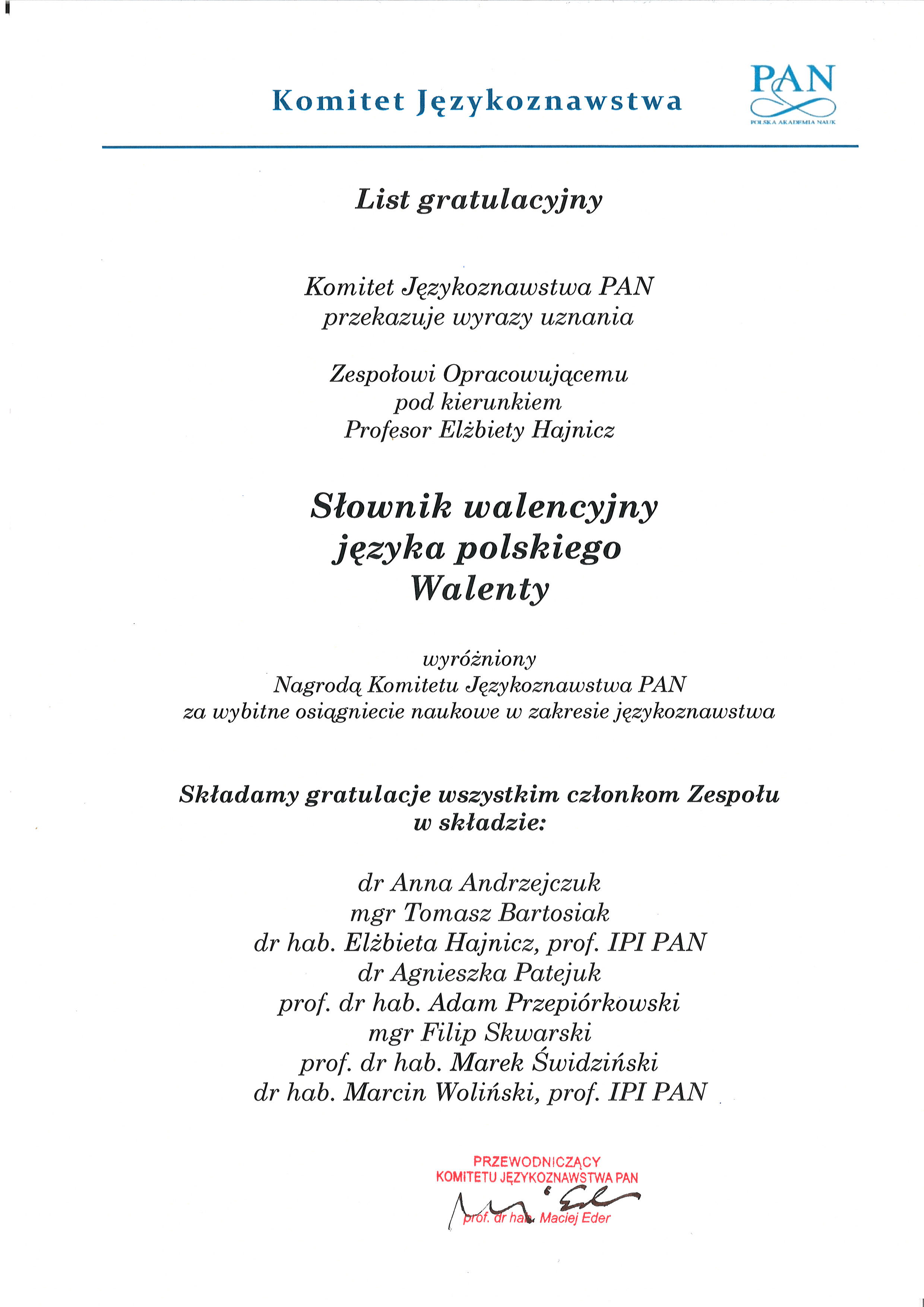 Nagroda Komitetu Językoznawstwa PAN dla Słownika Walenty Nagroda Komitetu Językoznawstwa PAN dla Słownika Walenty